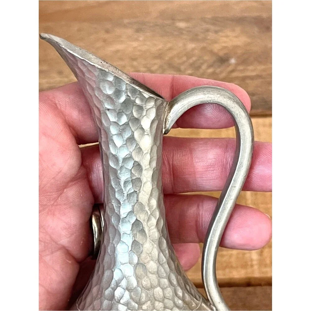 Vintage Heavy TKF Handmade Indonesia Hammered Pewter Ewer Pitcher